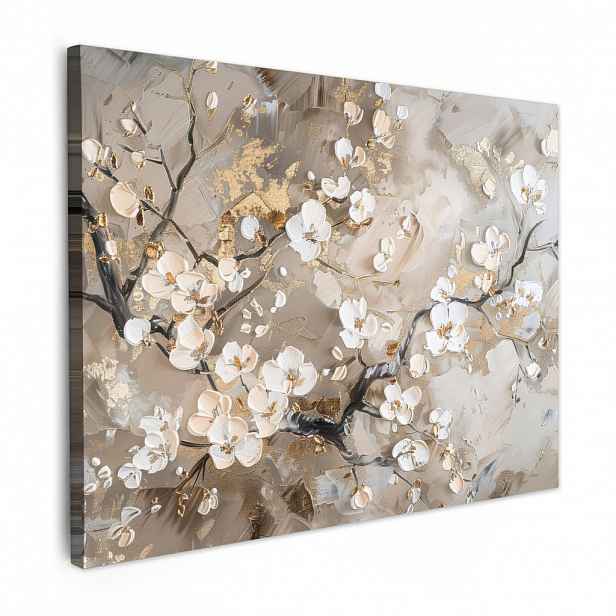 MuchoWow OBRAZ NA PLÁTNĚ Květiny - Bílá - Zlatá - Béžová - Luxusní 40x30 cm