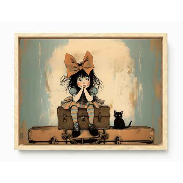 Obraz Rám Americký Box Dívka Černá Kočka Kufry Retro Foch 80x60