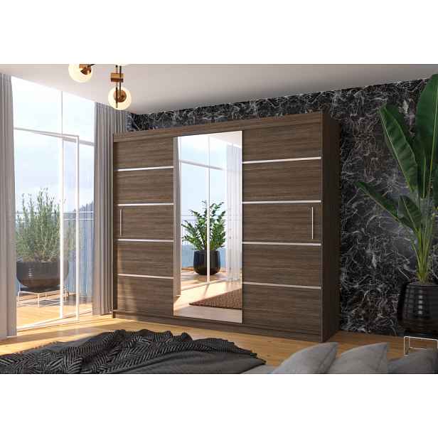 Velká skříň se zrcadlem 250 cm DAMRIS - tmavě hnědá