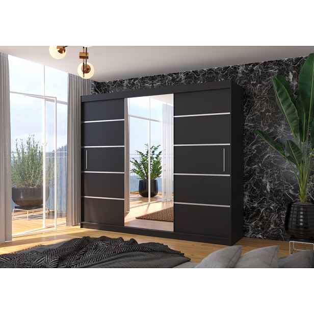 Velká skříň se zrcadlem 250 cm DAMRIS - černá
