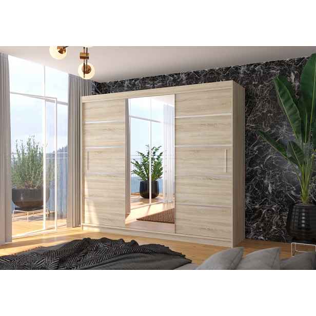 Velká skříň se zrcadlem 250 cm DAMRIS - dub sonoma