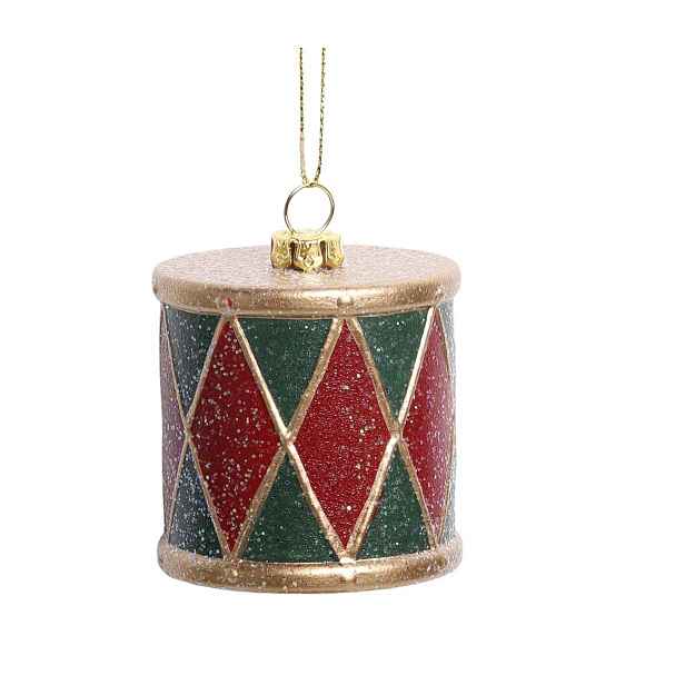 Červeno-zelená vánoční ozdoba vintage buben - Ø 6*6 cm Chic Antique