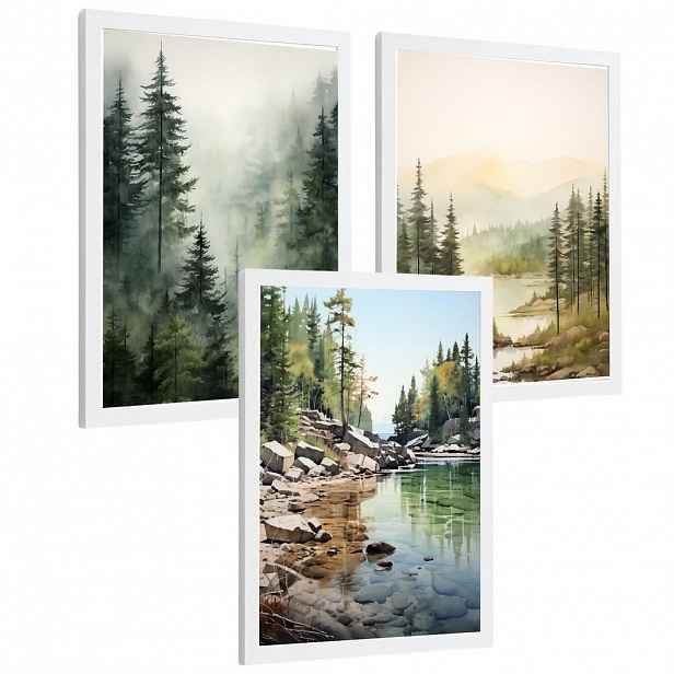 Nacnic PLAKAT Sada 3 dekorativních tisků Nordic Landscape Moderní obývací Obrázky - zelené a hnědé dekorativní plakáty Dekorace Obývací A3 Bílý rám