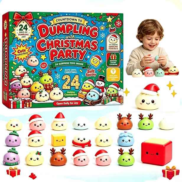 Vánoční adventní kalendář 2026 Squishy s knedlíčky, 24denní odpočet, antistresová hračka, dárek pro děti