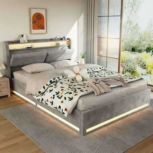 TEMU Rám postele 140X200 cm s hydraulickým úložným prostorem, čalouněná postel s otomanem a LED světly, zvedací úložné postele, dřevěné lišty, bílá -