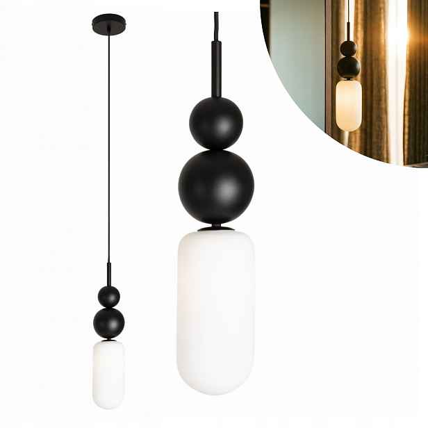 Závěsná lampa designová, černé koule, skleněné stínítko 1xG9 Maxlight