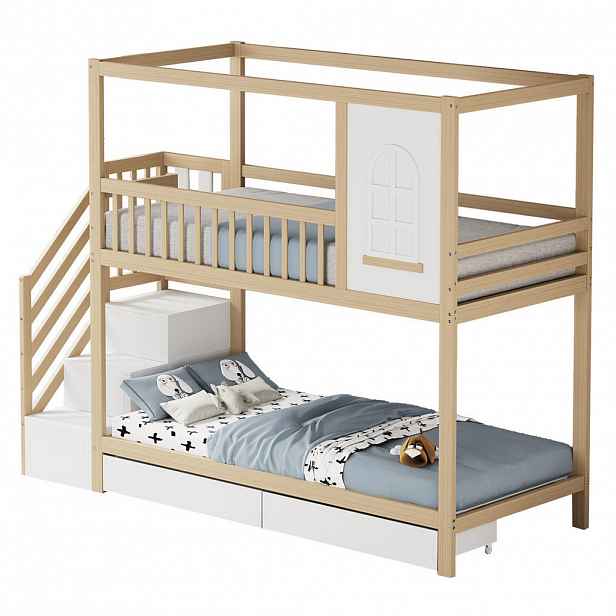 OKWISH PATROVÁ postel 90/200 cm z masivního dřeva s žebříkem a úložným prostorem