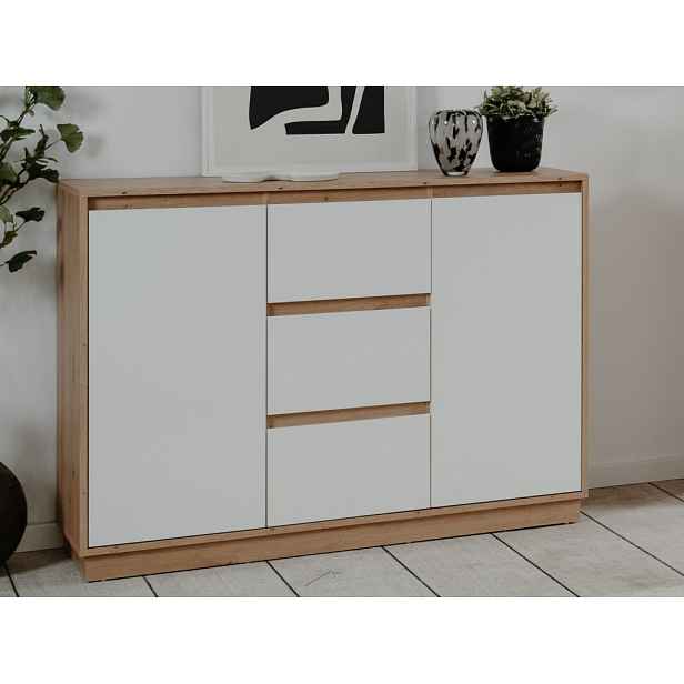 Komoda se šuplíky Dallas, 117 cm, dub artisan/leskle bílá