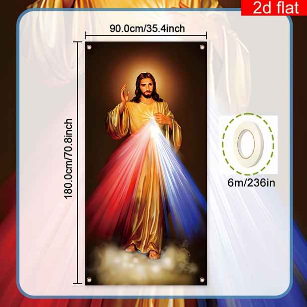 TEMU 2D plochý banner, 1 ks, Ježíš Božské milosrdenství banner na přední dveře, polyester, pozadí na Nový rok a Vánoce, vhodný pro venkovní a vnitřní