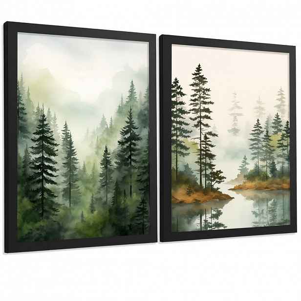 PLAKAT Sada 2 dekorativních tisků Nordic Forest Landscape obývací pokoj Obrázky - Zelené a hnědé dekorativní plakáty Obývací pokoj A4 černý rám