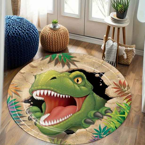 TEMU Kulatý koberec s dinosaurem: Ideální do obývacího pokoje, ložnice a – lze prát v pračce