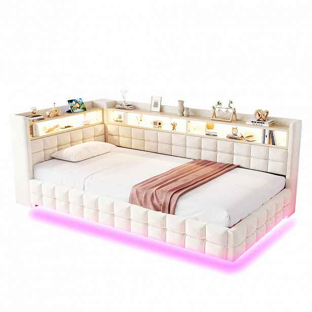 Modfu ČALOUNĚNÁ postel ze sametu 90x200 cm béžová s LED osvětlením, USB-C, zásuvkou a hydraulickým úložným prostorem