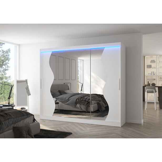 Velká zrcadlová skříň 250 cm s LED osvětlením EARNA - bílá