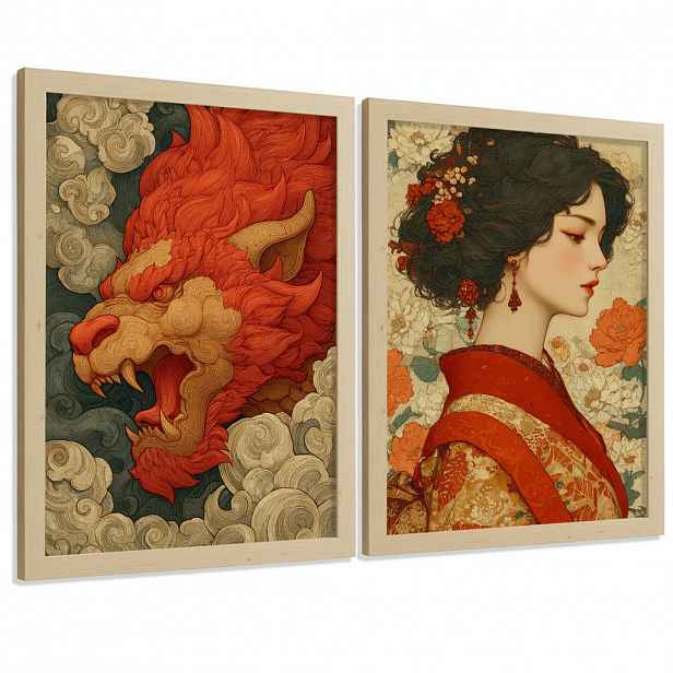 Nacnic PLAKÁT Sada 2 dekorativních koupelna-Kunstdrucke japonském pro hůlku Sprcha Toilette mit Orientalischem Drachen und Frau Lehký dřevěný rám A4