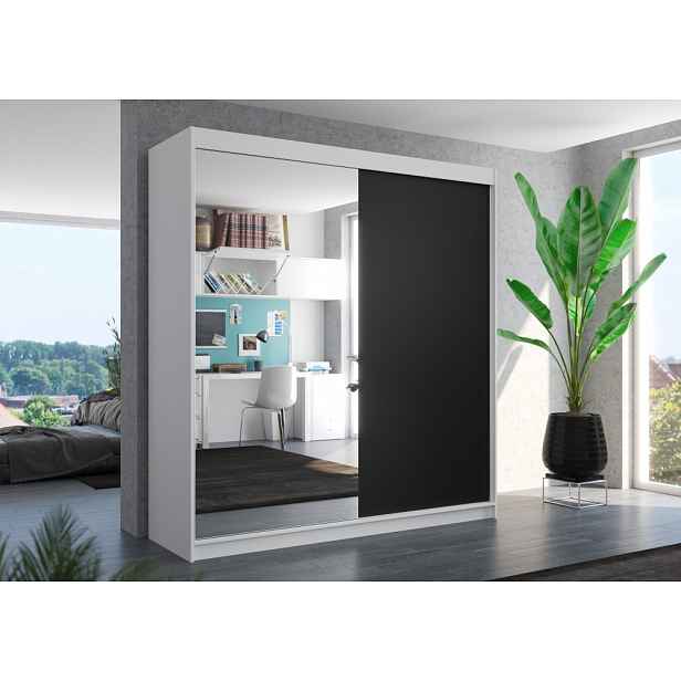Šatní skříň se zrcadlem 200 cm HANIA - bílá / černá