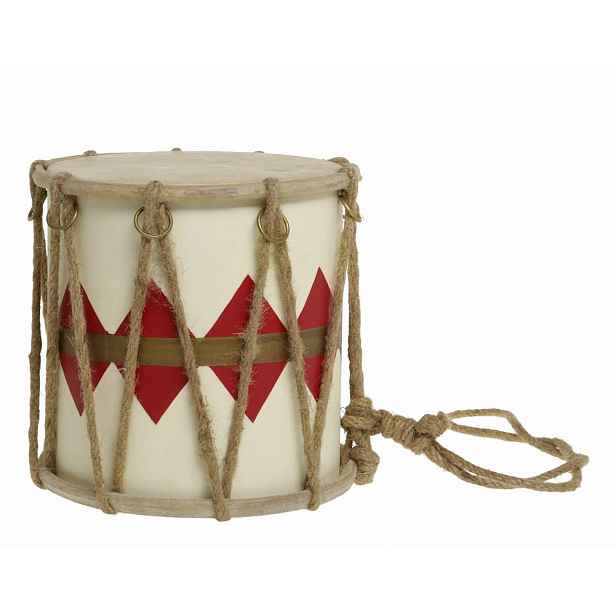 Červeno-bílý vánoční dřevěný buben s kůží Drum Vintage - Ø 17*16 cm Chic Antique