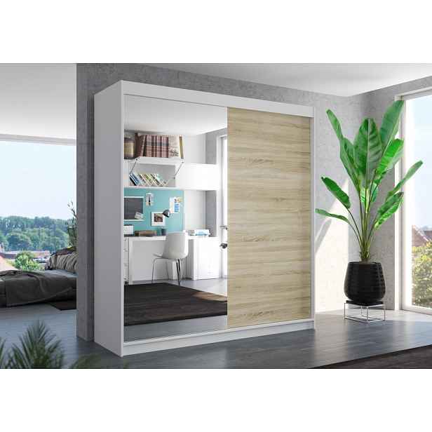 Šatní skříň se zrcadlem 200 cm HANIA - bílá / dub sonoma