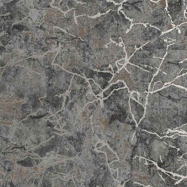 Šedá tapeta napodobující popraskaný beton, lesklý vinylový kámen