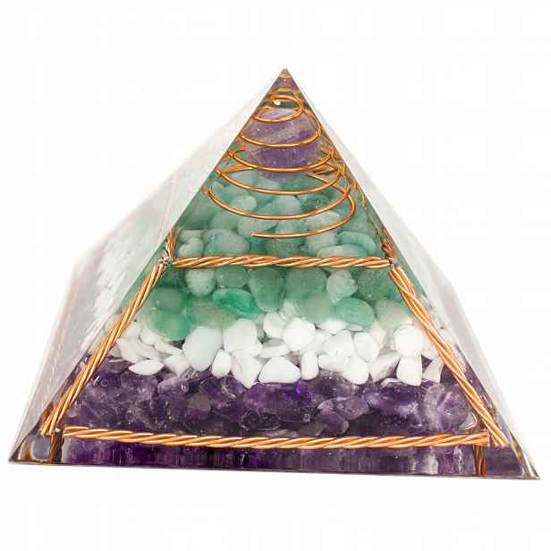 Velká Pyramida Orgonit Aventurín Ametyst Achát Fluorit Harmonie 10 x 6,5 cm