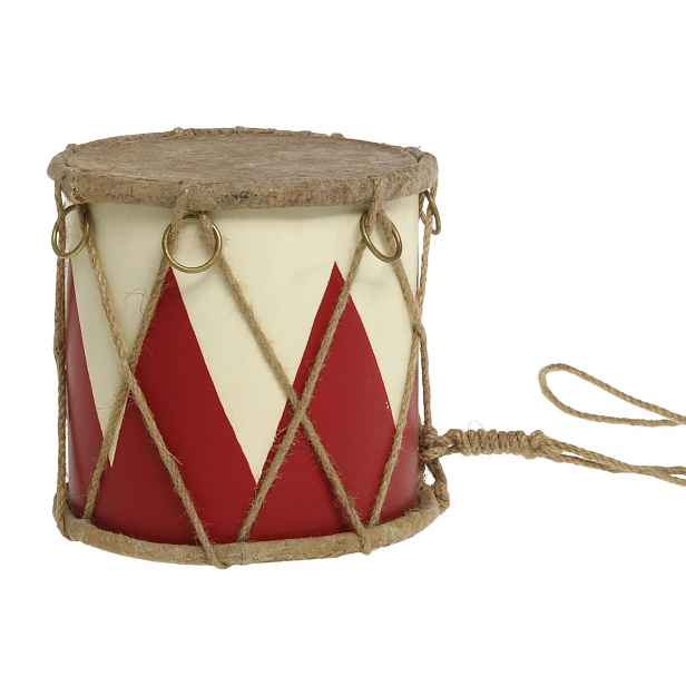 Červeno-bílý vánoční dřevěný buben s kůží Drum Vintage - Ø 15*12 cm Chic Antique