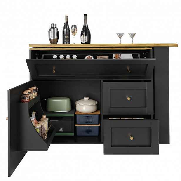Modfu BAROVÝ stůl z MDF a kovu 138-204x39x105 cm černý s úložným prostorem a 360° otočnou deskou