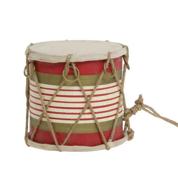 Červeno-bílý vánoční dřevěný buben s kůží Drum Vintage - Ø 11*10 cm Chic Antique