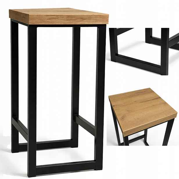 Stolička barová židle loftová kuchyňská stolička kovová 60 cm silné sedadlo dub craft